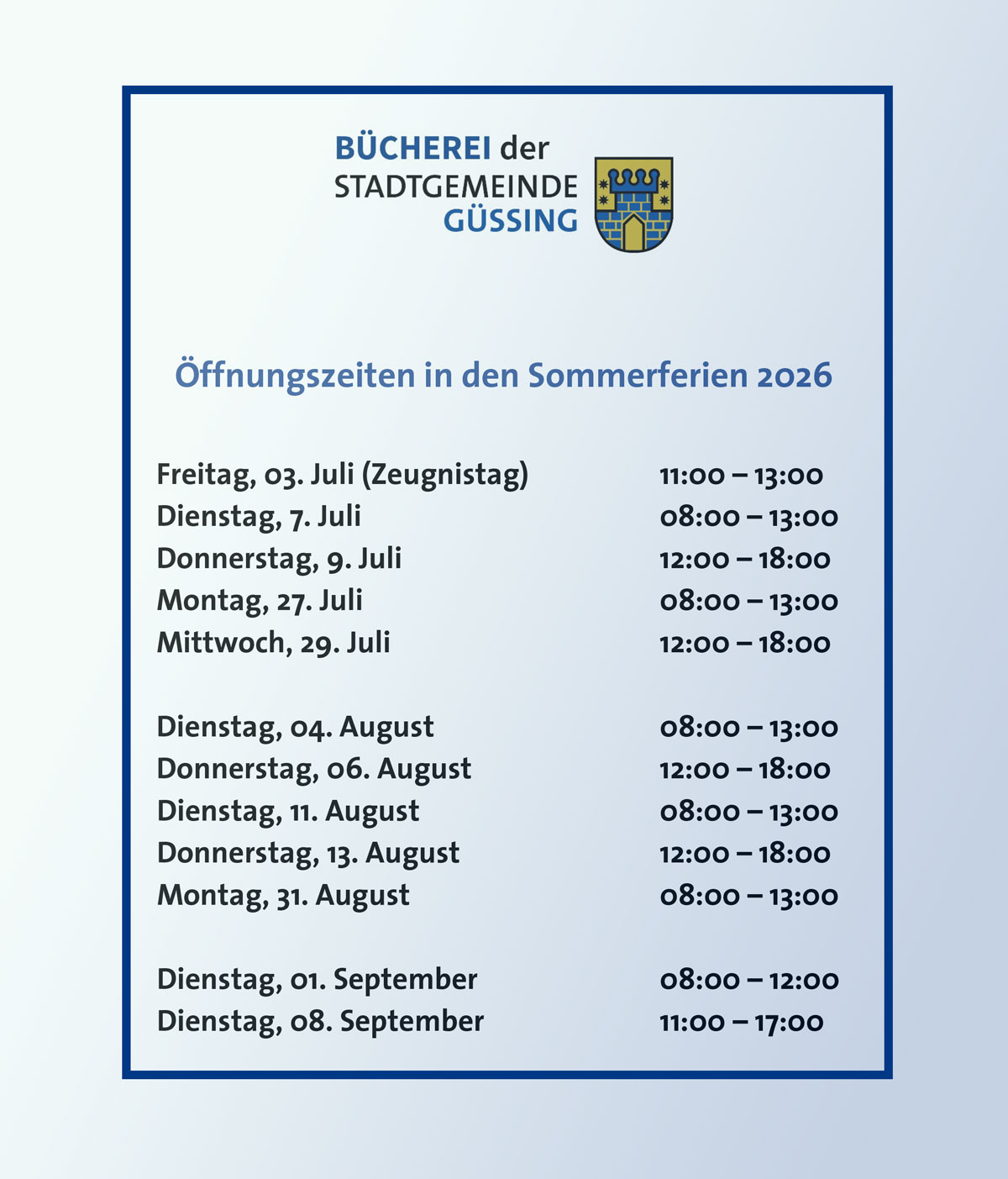 Öffnungszeiten in den Sommerferien 2026 web